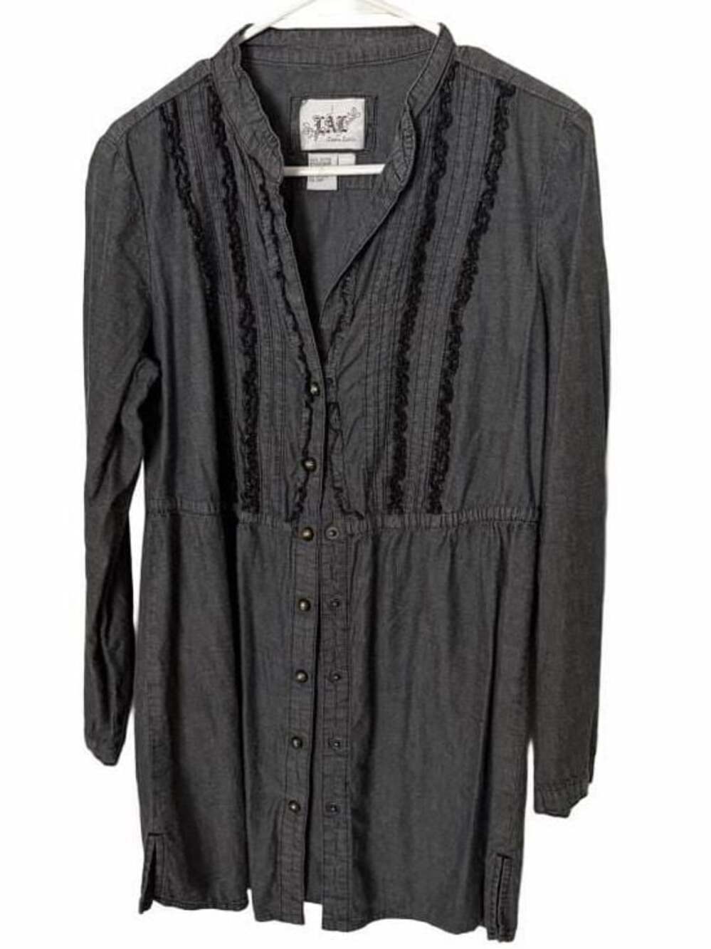 Live a Little Long Sleeve Button-Up Dress with Lace Trim, Size M